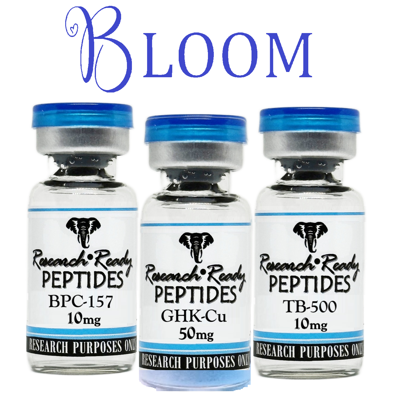 Three vials labeled 'Research Ready Peptides' with 'Bloom' branding on a white background.