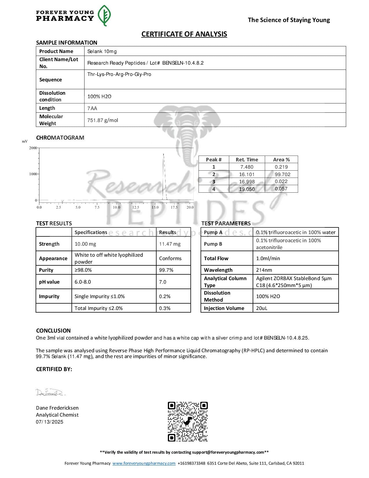 Selank Research Peptide COA
