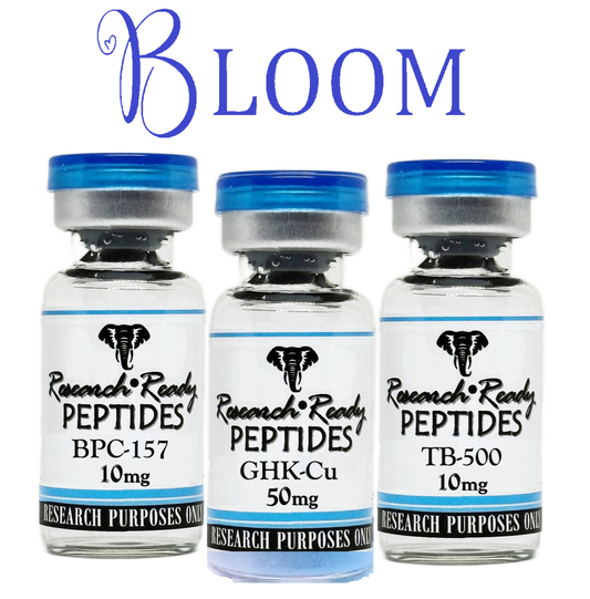 Three vials labeled 'Research Ready Peptides' with 'Bloom' branding on a white background.