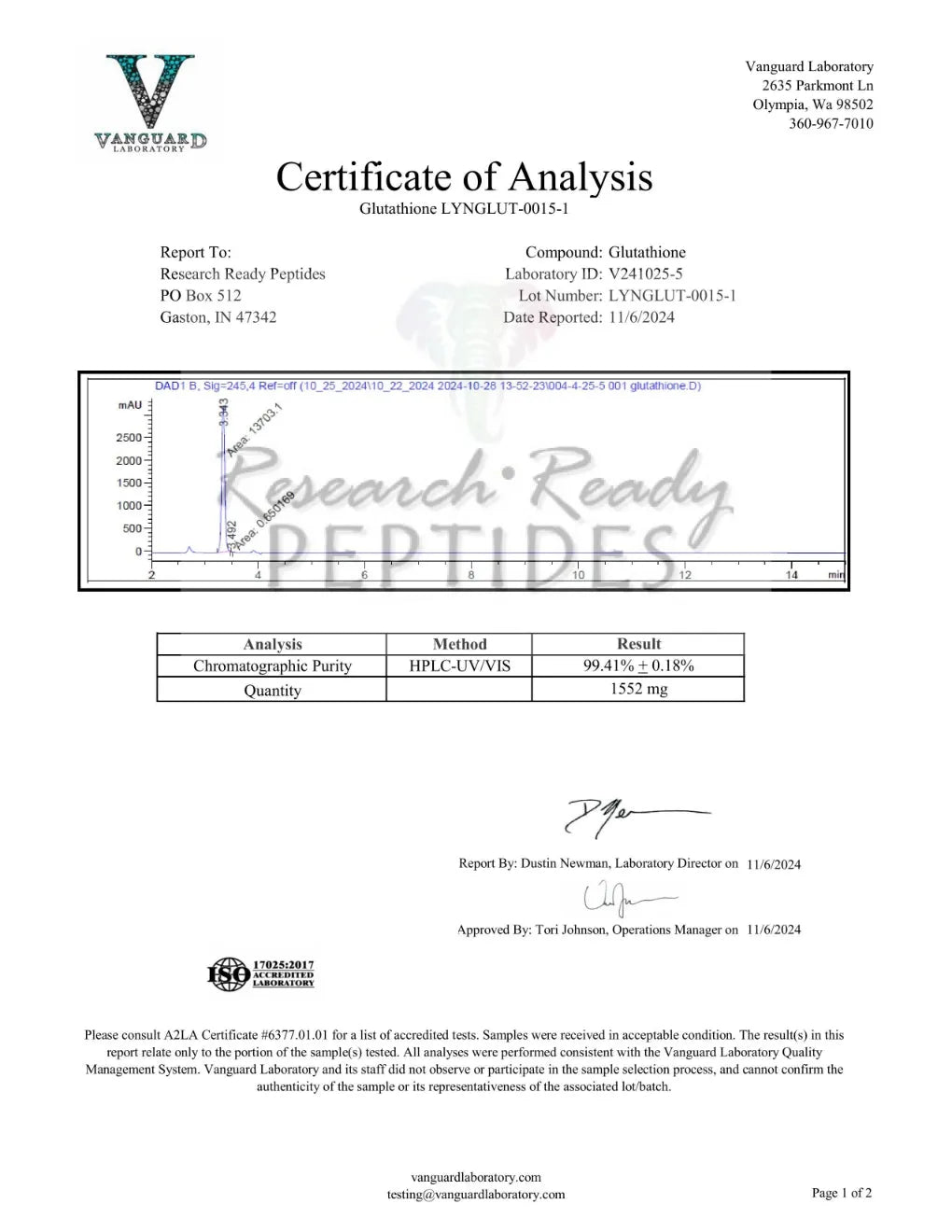 Glutathione 1500mg Research Peptide COA