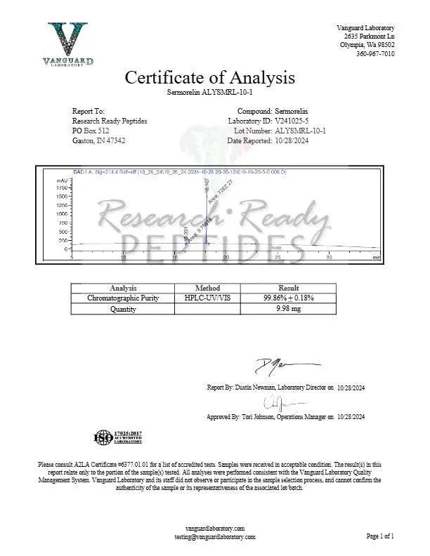Sermorelin 10mg Research Peptide COA