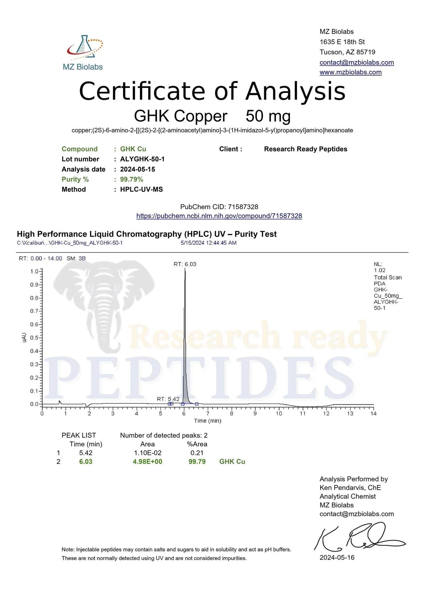 GHK-Cu Research Peptide (Glycyl-L-Histidyl-L-Lysine-Copper COA